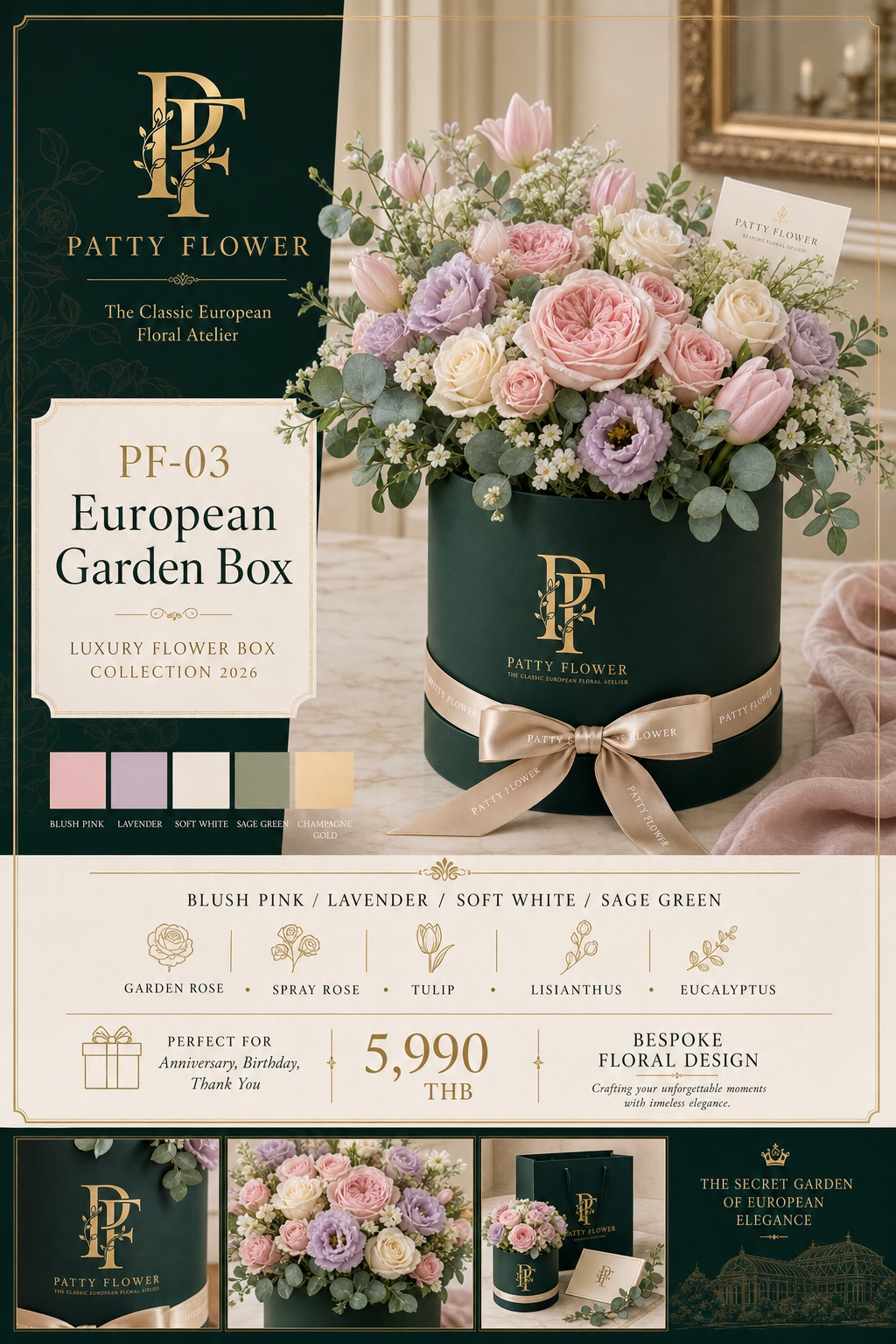 PF-03 European Garden Box กล่องดอกไม้โทนชมพูลาเวนเดอร์