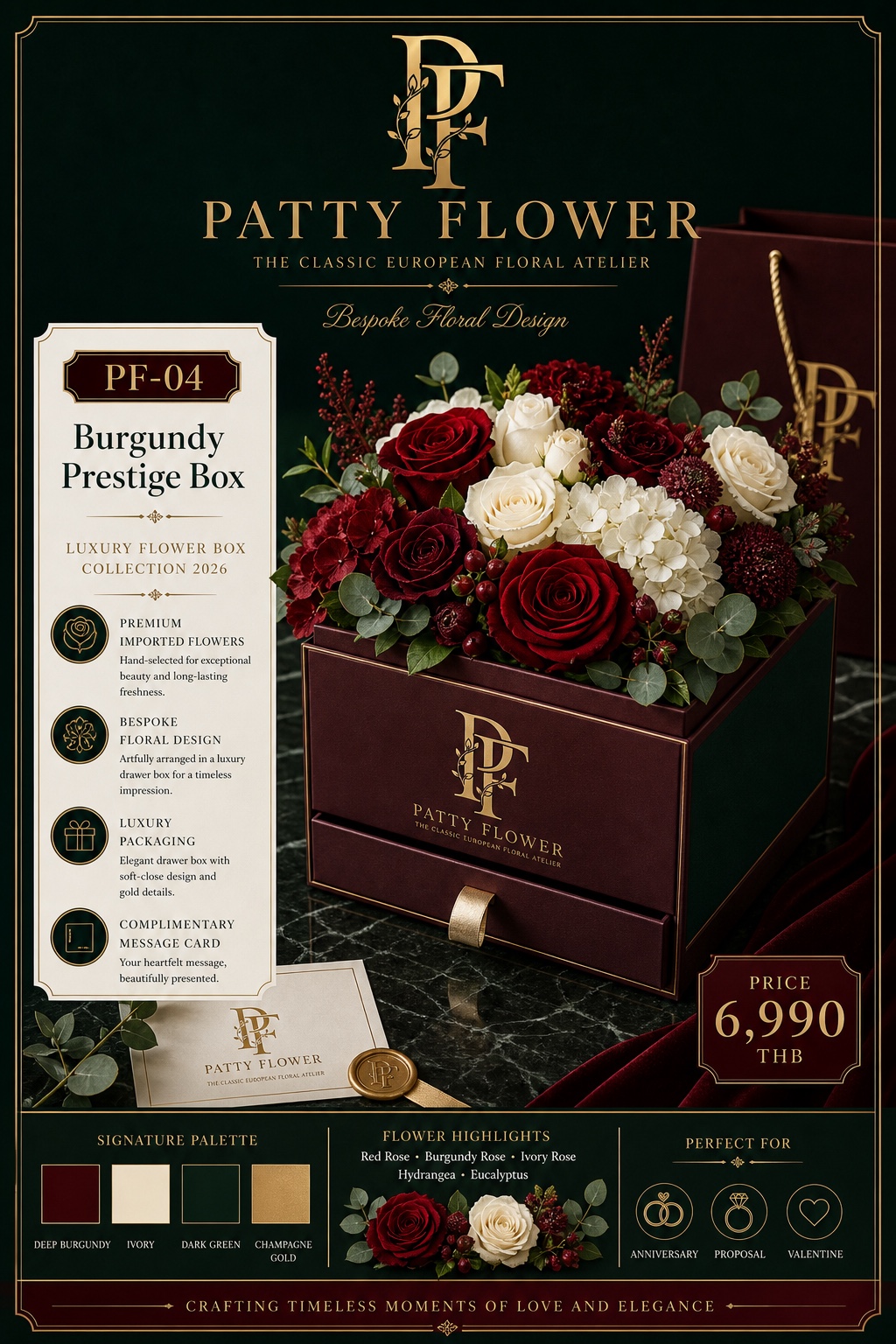 PF-04 Burgundy Prestige Box กล่องดอกไม้สีเบอร์กันดี