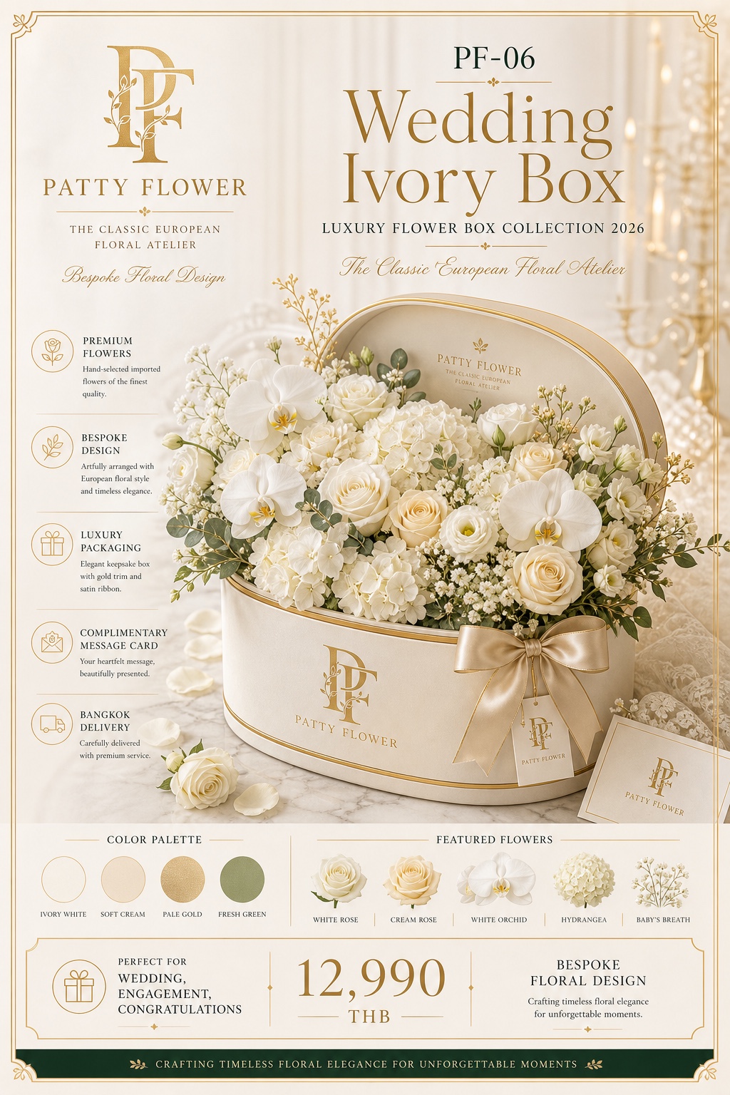 PF-06 Wedding Ivory Box กล่องดอกไม้สีงาช้างสำหรับงานแต่งงาน